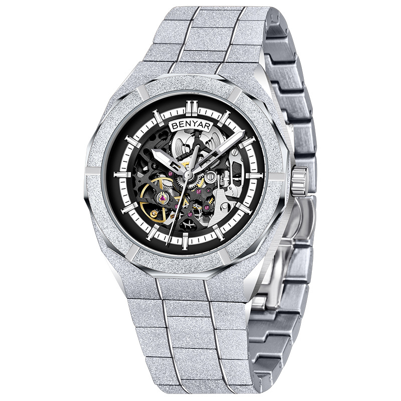 Benyabenyar reloj de hombre mecánico automático de moda impermeable nocturna deportivo hueco reloj de pulsera de acero 5212