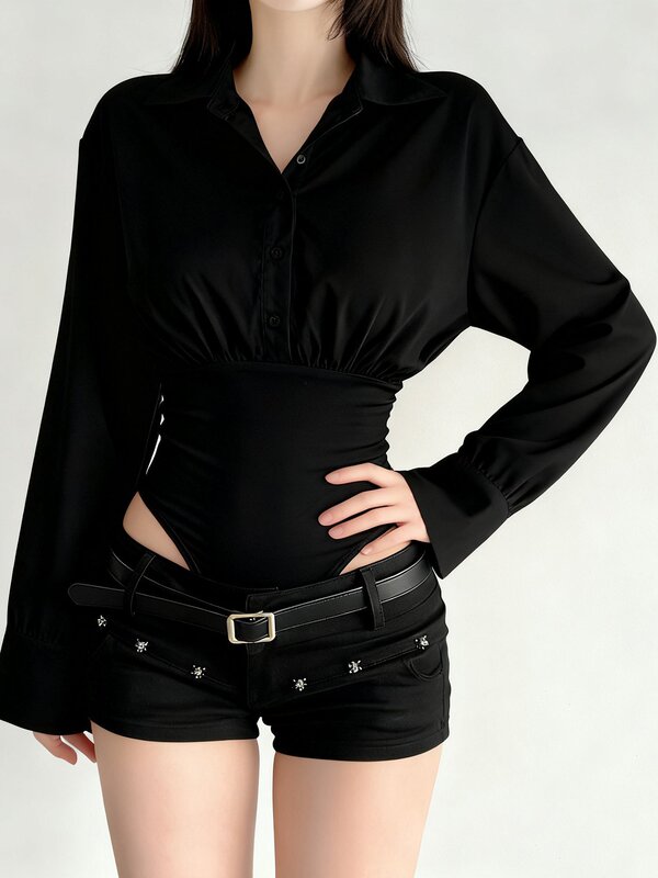 New Slim-Fit Trendy Waist-Cinching Casual Shirt Top Jumpsuit for Women, Autumn and Winter Versatile Long-Sleeve Slim-Fit Polo Collar Simple Design