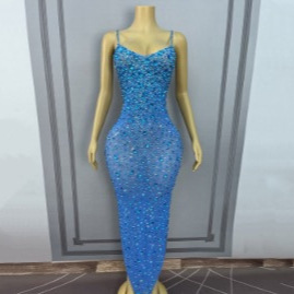 Elegant and Shiny Blue Rhinestone European and American Style Gown, Cocktail Party Evening Dress, Miss Universe Pageant Dress, Car Show Model Dress