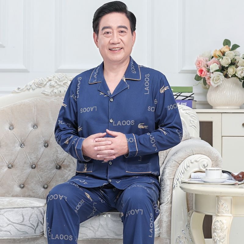 Pijamas de mediana edad y ancianos hombres 100% algodón primavera y otoño manga larga otoño e invierno más tamaño viejo papá traje de uso doméstico