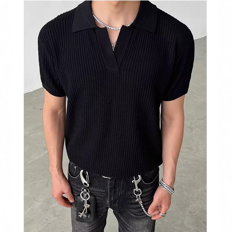 Vintage viejo estilo de dinero rayado textura solapa de manga corta camisa POLO de punto para hombre camiseta delgada de hombro recto estilo fino de verano
