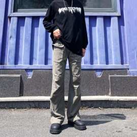 灰绿色复古工装休闲牛仔裤男夏季小个子美式伐木裤青少年直筒裤子