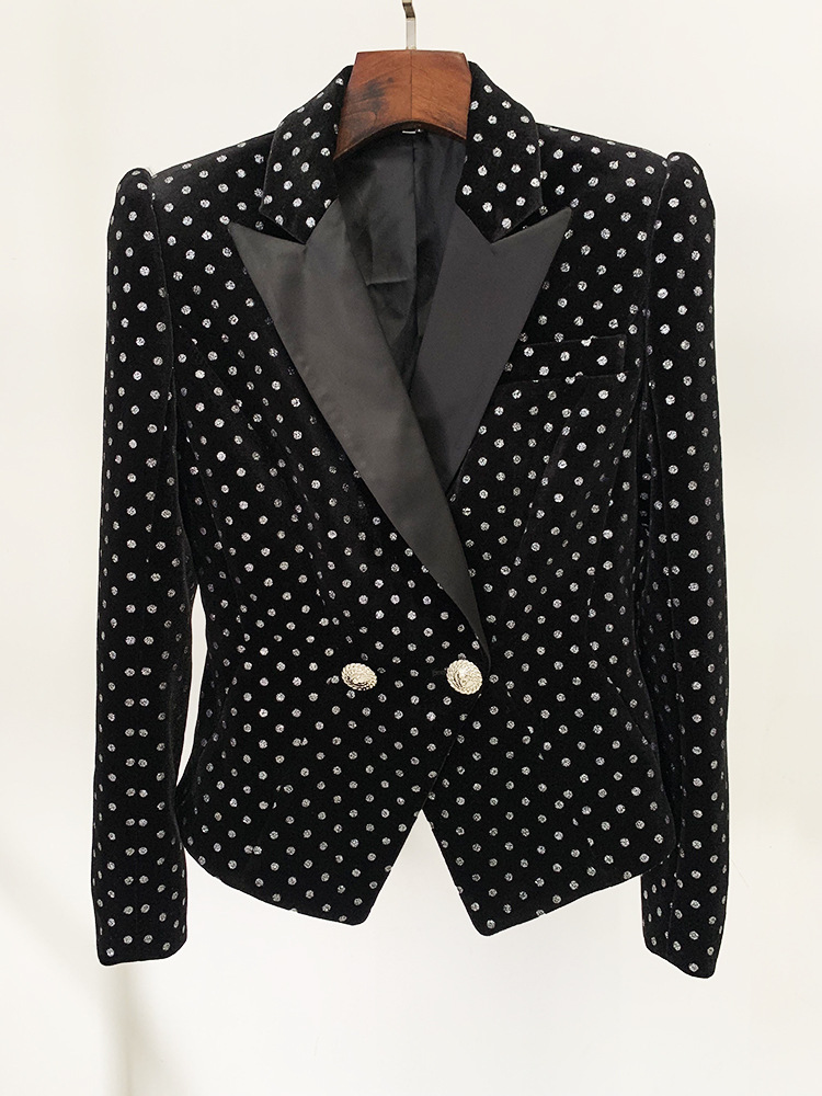 Veste de costume en velours à pois coupe slim à boutons de lion pour femme_voghion.com
