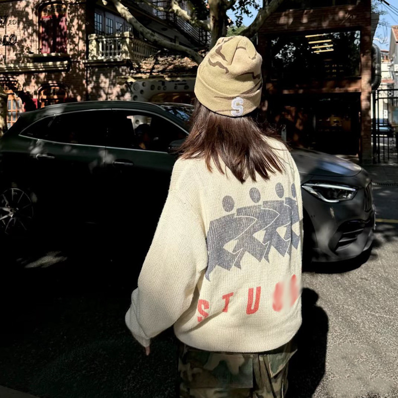 Stu American Retro Skateboard Surfing Villain Crew Print Cotton and Linen Blended Knitwear Round Neck Knitwear for Men and Women