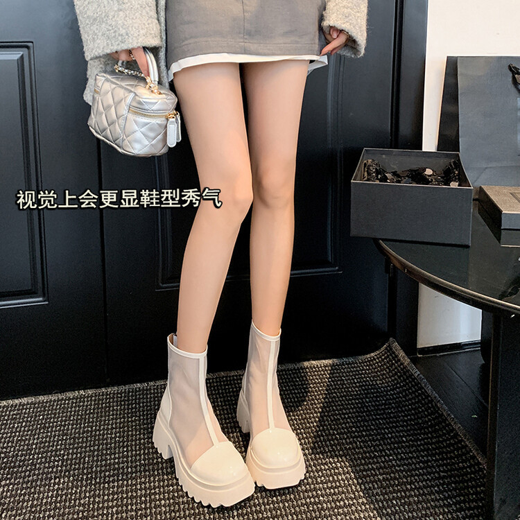 Boot ngắn nữ da thật vải lưới cao gót 6cm mùa hè phong cách Anh thoáng khí — Màu đen, Trắng be chi tiết 116