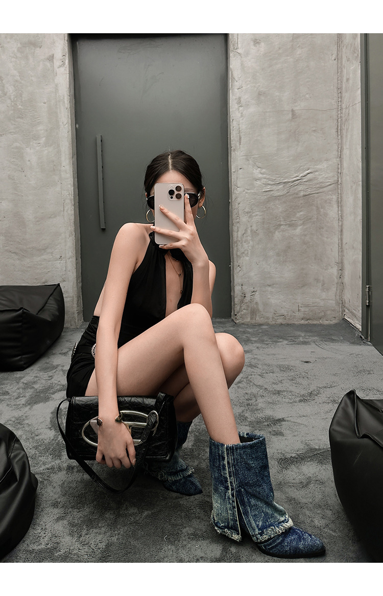 Boot nữ cổ thấp đế thô denim phong cách cao bồi Âu Mỹ — Màu xanh lam chi tiết 1