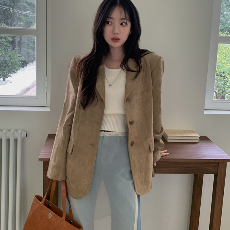 韩国ins秋冬新品美式复古咖色鹿皮绒西装外套美拉德长袖西服女|undefined