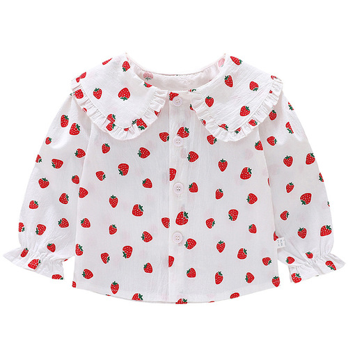 Girls' shirts 2024 new long-sleeved spring and autumn pure cotton lapel lace Korean style tops girls fashionable children's clothing