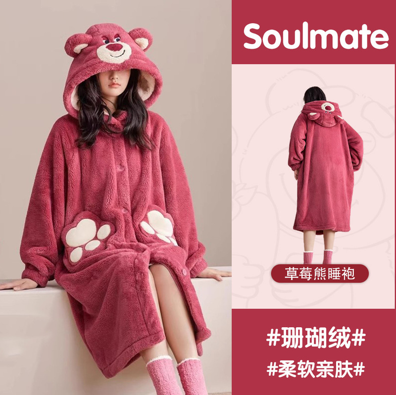 Autumn and Winter Coral Velvet Nightgown Women's Hooded Strawberry Bear Plush Nightgown Large Size Home Wear Pajamas Outer Wear Thickened Bathrobe Autumn and Winter Coral Velvet Nightgown Women's Hooded Strawberry Bear Plush Nightgown Large Size Home Wear Pajamas Outer Wear Thickened Bathrobe