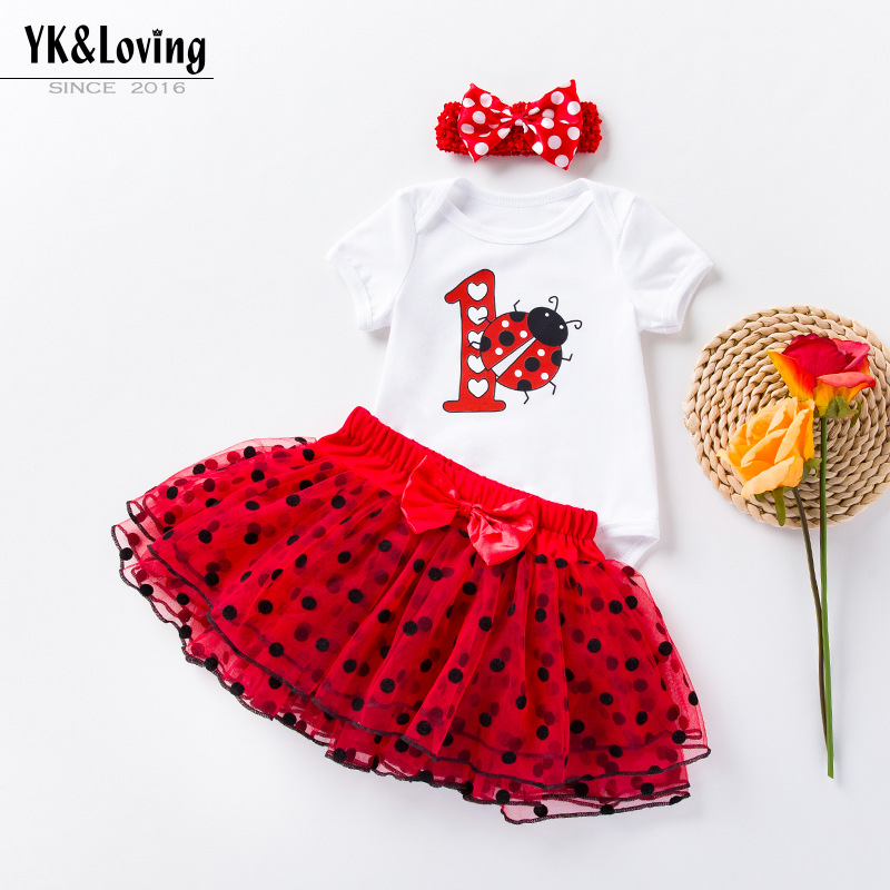 ins Amazon Explosions Children's Clothing Wholesale Baby Summer Cartoon Ladybug Short-sleeved Harper Princess Dress Hair Accessories 3-piece Set