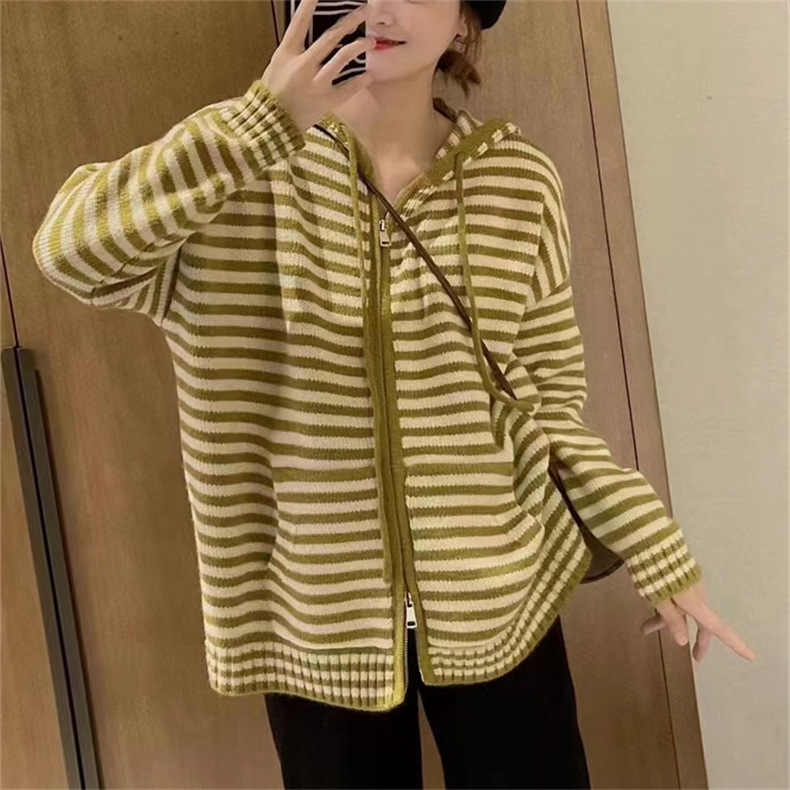 Striped cardigan sweater for women, 2022 autumn new style, loose zipper, outerwear, laid-back style knitted top jacket for women pic 15
