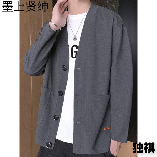 Chic Brand Waffle Collar Men's Spring and Autumn Single Button V-Neck Sweatshirt Casual Jacket Korean Style