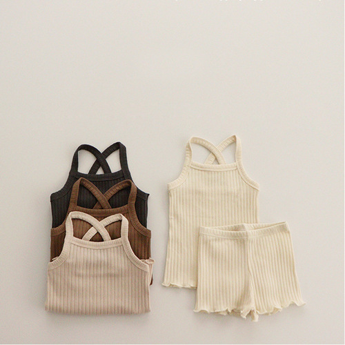  Summer Children's Suit Ribbed Suspender Suit Cotton Infant Home Clothes Baby Girl Pajamas Pants