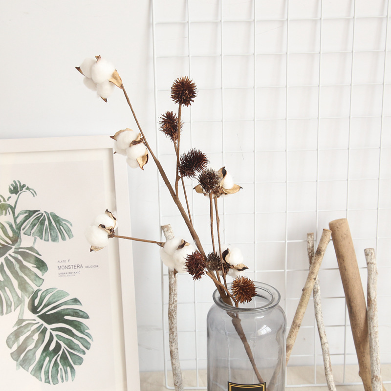 6頭棉花枝仿真花INS風乾花廠家家居路引花裝飾婚慶牆假花MW61181