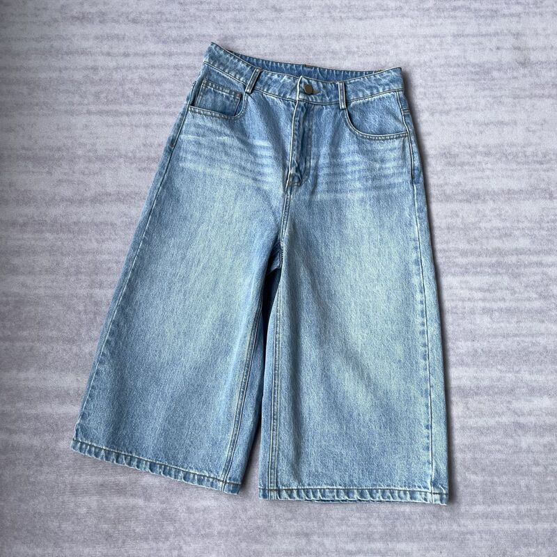 American-Style Vintage Blue 100% Cotton! High-Waisted, Lightweight, Breathable, Sweat-Wicking, Loose-Fitting, Slimming, Cropped Denim Shorts for Women, Summer New