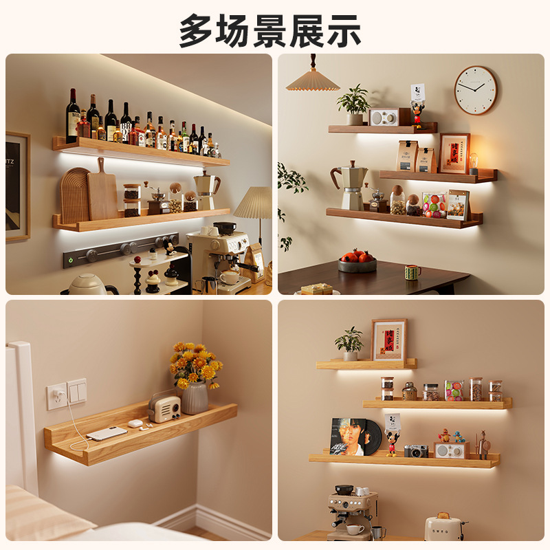 Estantes de pared de madera sólida sin agujeros de madera de pino tablero de palabra sala de estar casa colgar pared decoración estante con luz