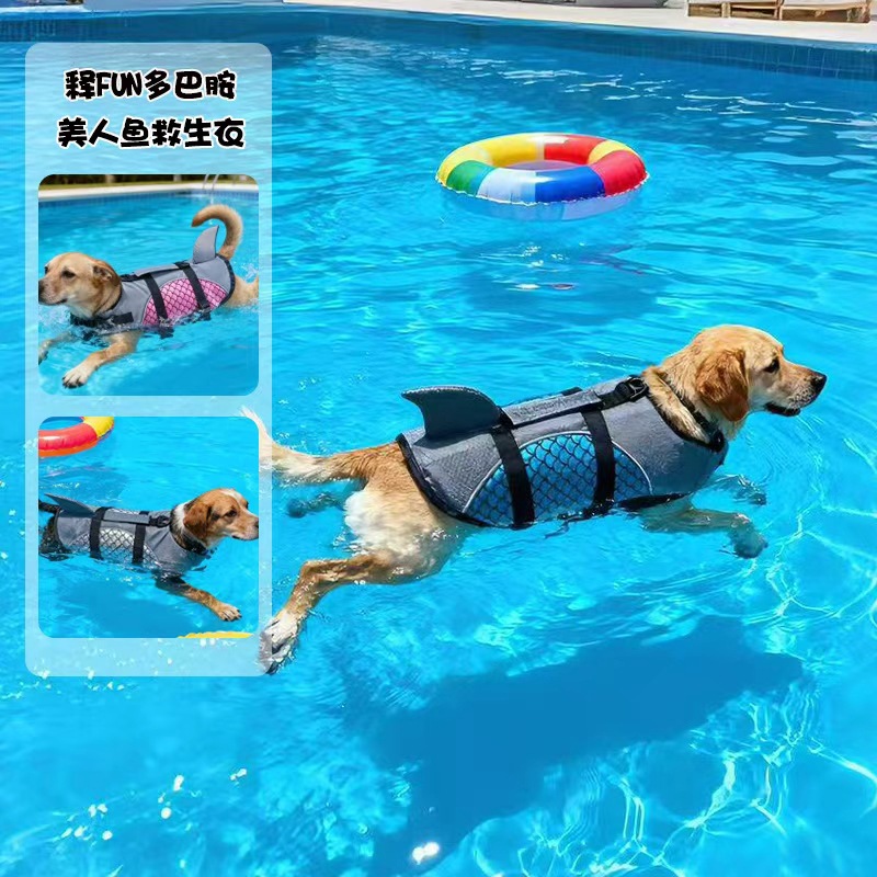 Durable chaqueta de natación para perros secos rápidos estilo único aleta de tiburón chaleco salvavidas para perros grandes con mango de rescate
