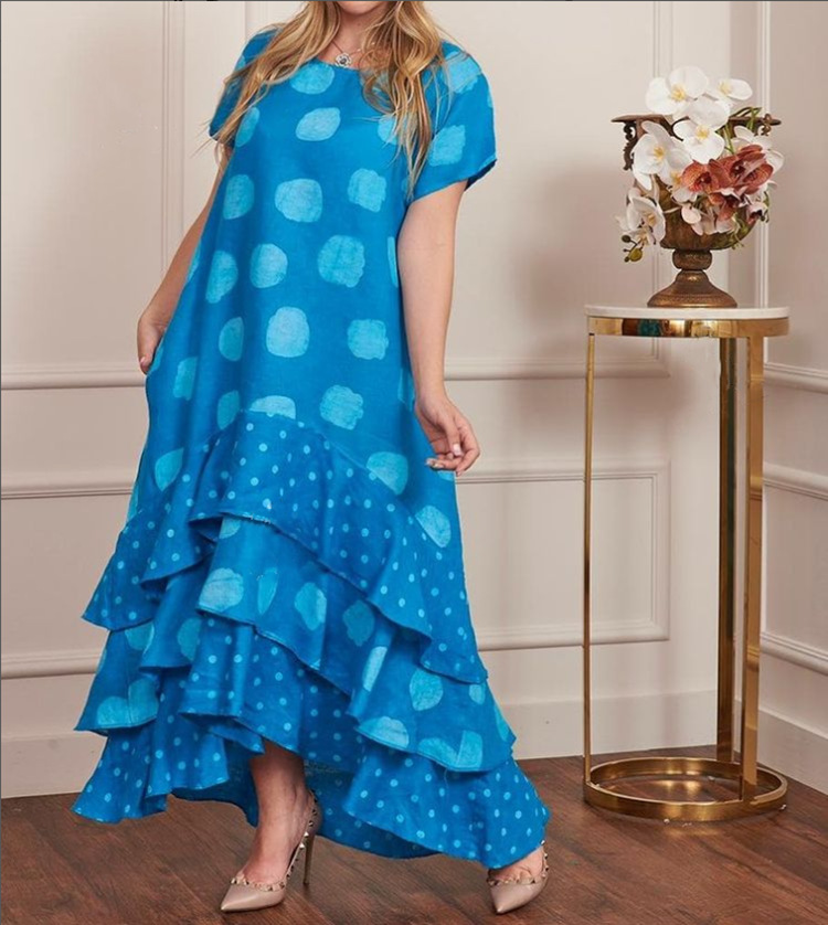 Summer Season Wholesale Women's Vacation Printing Round Dots Holiday Daily Round Neck Short Sleeve Swing Dress