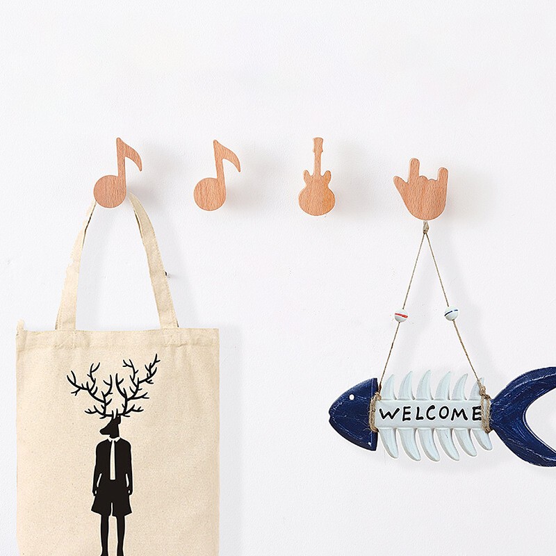 Solid Wood Hooks with a Minimalist Artistic Design, Featuring Rock Music Elements and Musical Notes, Creative Wall Hangings for Children's Rooms, Adhesive Hooks for Clothes and Hats