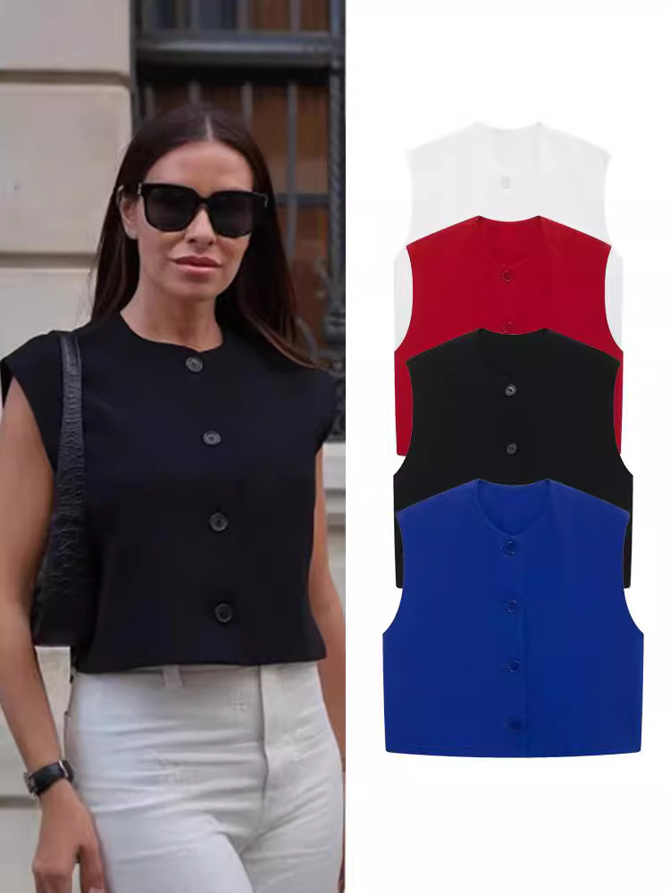 fashionable solid short tank top with a round collar sleevless
