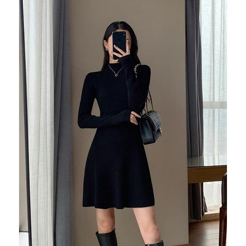 Black Knitted dress Women's Autumn and Winter New plus size Chubby Girl's Hip Covering Slimming Elegant Inner Base Sweater Dress