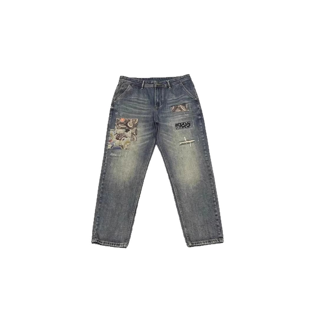 Men's Summer American Retro Loose Straight Leg Jeans Ripped Patches And Patchwork Versatile Long Pants_mkmklike.com