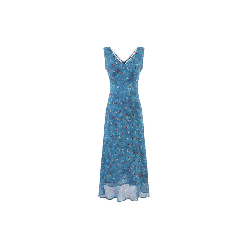 Summer New Style Capri Blue White Floral V Neck Waist Sleeveless Short Dress Slimming Look Strappy Skirt