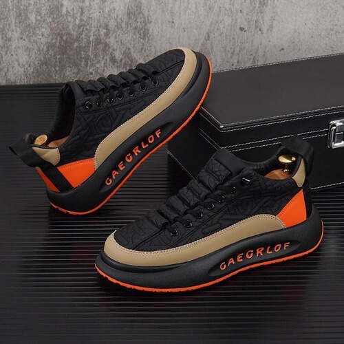 Leather Men's Shoes Korean Style Sporty Casual Black Platform Shoes Men's Thick Heel Trendy Shoes