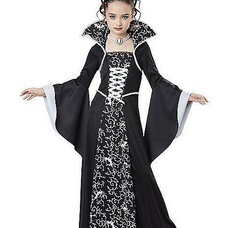 Disfraz de Halloween europeo y americano para niños Traje de bruja Traje de falda larga con estampado de manga acampanada de cuello alto retro medieval