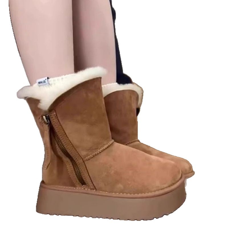 Botas de algodón gruesas del noreste de la nueva piel cálida en un tubo corto botas de nieve gruesas con cremallera lateral femenina