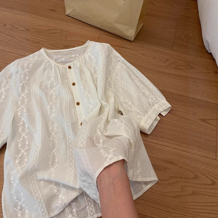 2025 Summer Heavy Embroidery Jacquard Short Sleeve Shirt Women's Summer Japanese Style Retro Chic Beautiful Shirt Shirt