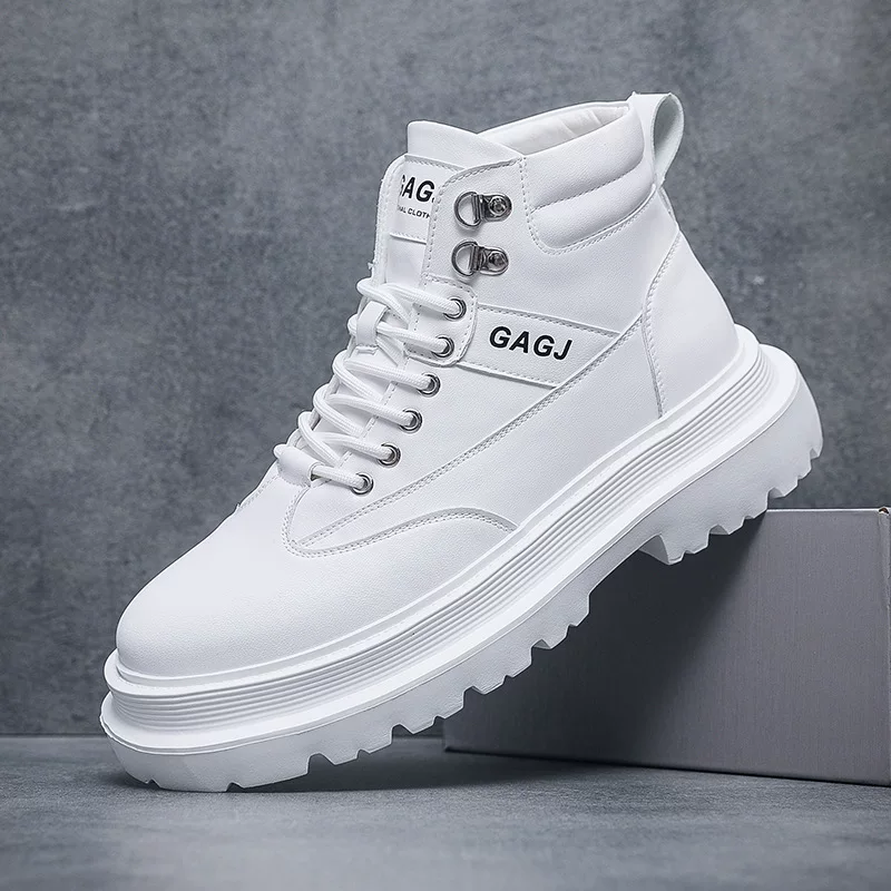 High demi-season sneakers, white boots platform, men's shoes, footwear
