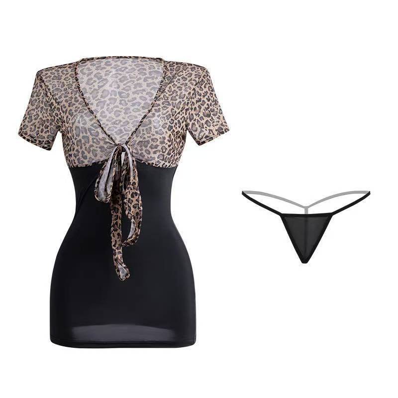 Leopard Print Deep V Lingerie Set with Lace-Up Top and Hip-Hugging Mini Skirt, One-Size Women’s Costume — detail image 4