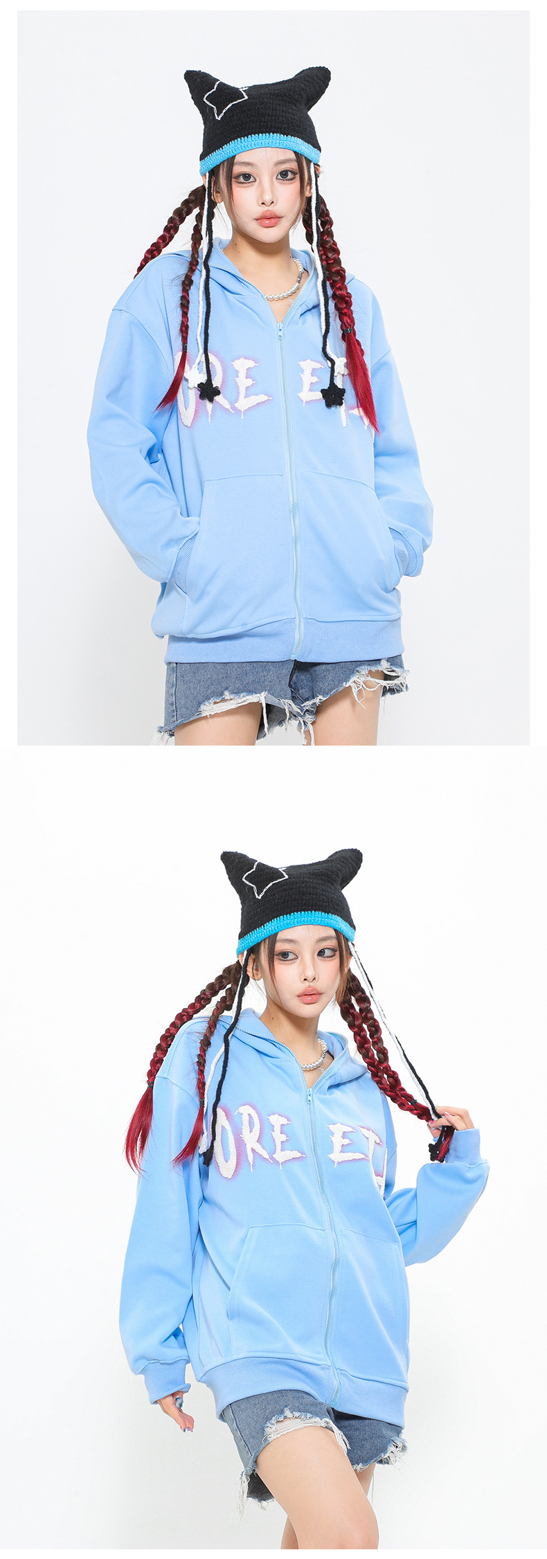 Embroidered Teddy Bear Ear Hooded Lamb Wool Coat Image 3