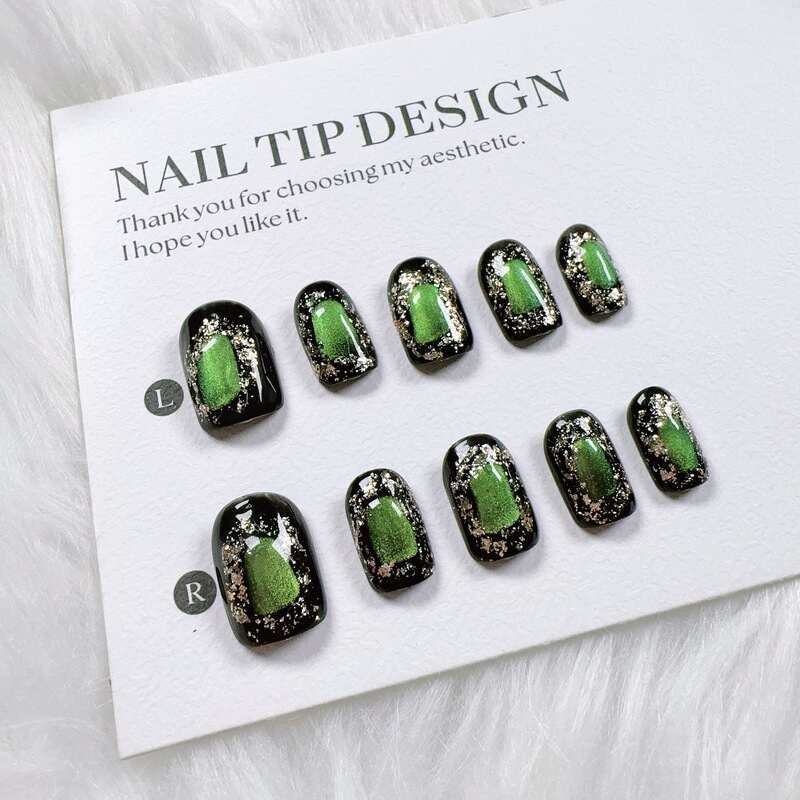 Black Jade Green Unique Design, Noble Classical Manicure, Gold Foil, High-End Light Luxury Wearable Nails, Finished Products Wholesale