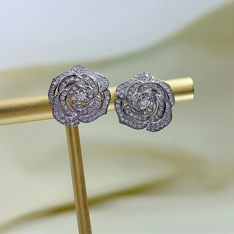 1 Paire Élégant Dame Fleur Argent Sterling Incruster Zircon Boucles D'oreilles display picture 2