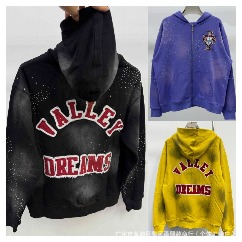 Valley Forever Dreams Retro Zip up Hooded Embroidered Rhinestone Hooded Sweatshirt Trendy