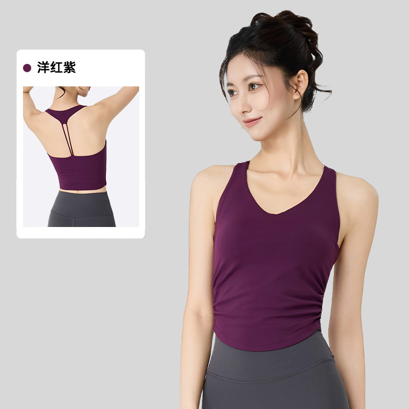 瑜伽服背心上衣女带胸垫免穿内衣腰部抽褶紧身显瘦普拉提运动背心|undefined
