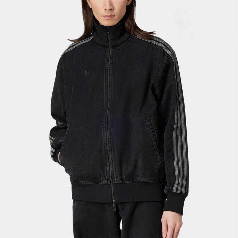 Spring and Autumn Denim Short Three-Stripe Jacket, Unisex Versatile Top with Embroidered Logo, Stand Collar, Retro Sports Jacket