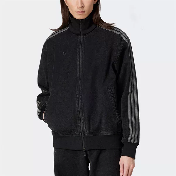 Spring and Autumn Denim Short Three-Stripe Jacket, Unisex Versatile Top with Embroidered Logo, Stand Collar, Retro Sports Jacket