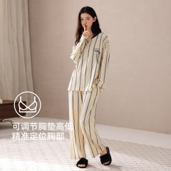 【带胸垫】抗菌棉睡衣女士纯棉长袖春秋季V领条纹家居服套装新款