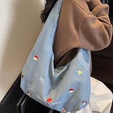 大容量上课通勤包女夏文艺通勤拉链包斜挎包百搭刺绣牛仔布托特包