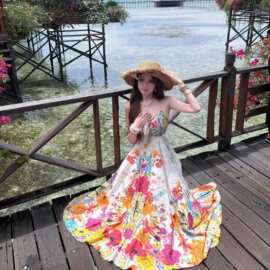 三亚云南泰国巴厘岛马尔代夫海边度假穿搭彩色碎花朵吊带连衣长裙