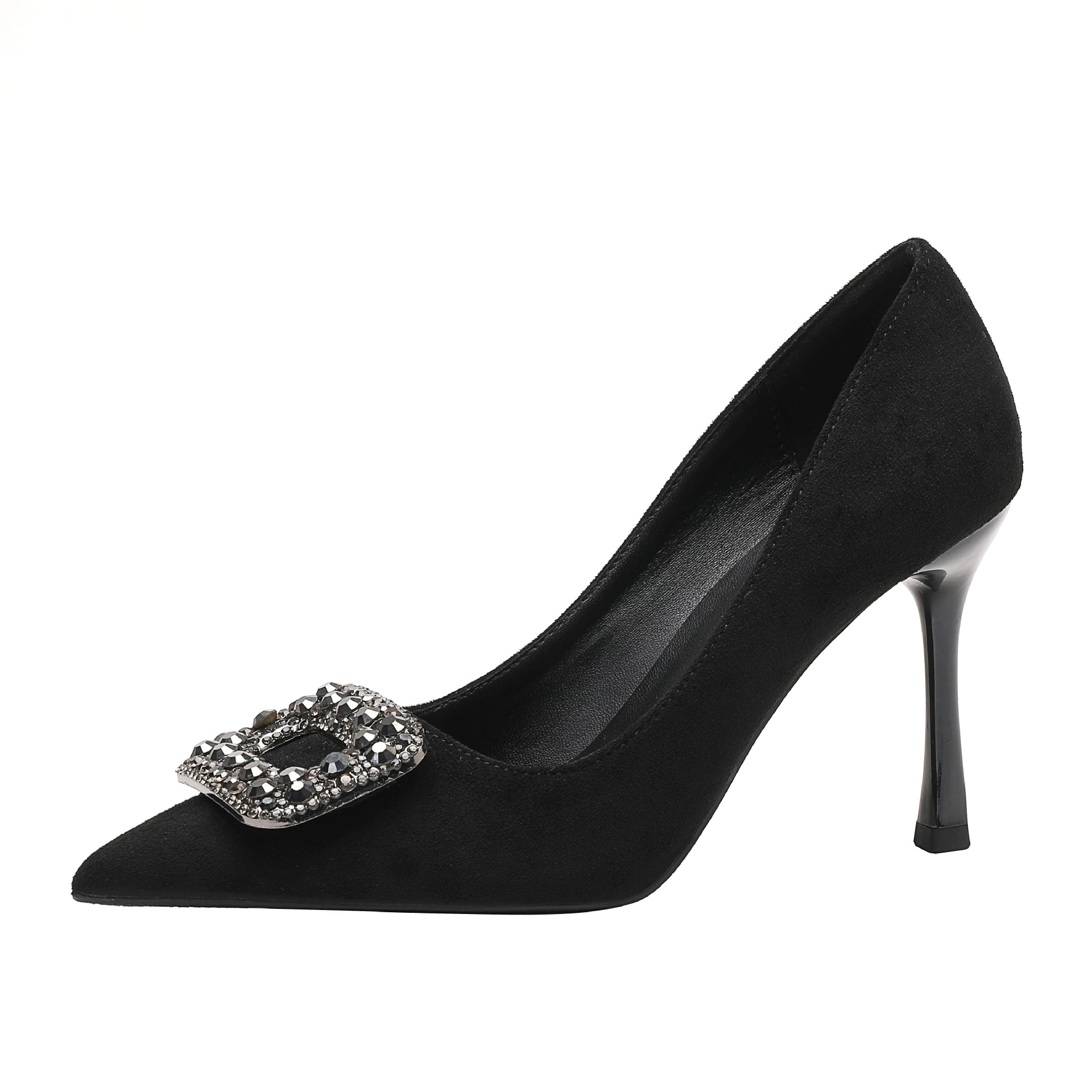 Stiletto pointed-toe high heels, rhinestone square buckle, solid black, work & commuter style