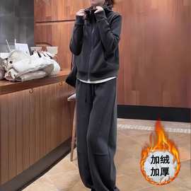 跨境 秋冬季大码加绒加厚套装女时尚显瘦卫衣休闲两件套胖mm250斤