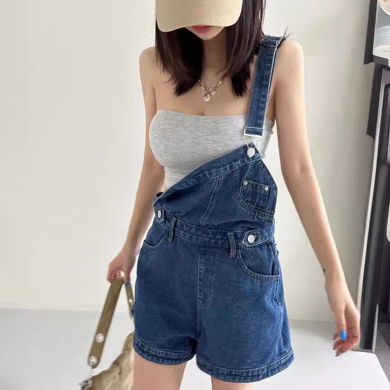 South Korea Ins Cool Spicy Age-reducing Single-sided Shoulder Strap Design Tight Waist Slimming Washed Denim Strap Women's Trendy Shorts