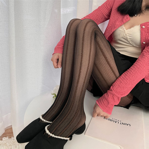 Sweet girly milky white love vertical striped woven pantyhose retro pure lust style personalized purple slimming stockings