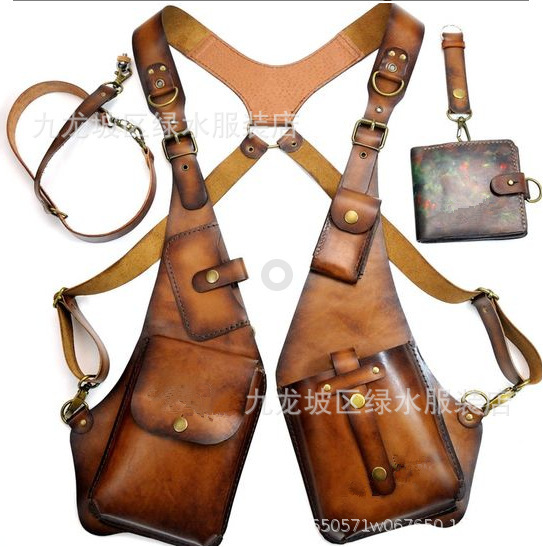 2022 new European and American vintage leather strap underarm satchel men and women outdoor square bag mobile phone bag wish supply