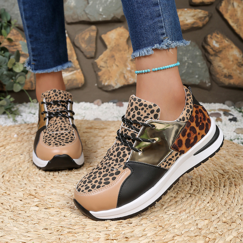 Factory direct supply Europe and the United States thick-soled shoes Leopard color matching lace-up casual sneakers women's shoes wish Amazon shoes