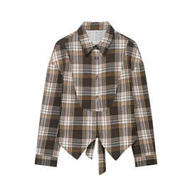 亚马逊批发春季新款女装百搭格纹翻领单排扣长袖蝴蝶结饰修身衬衫